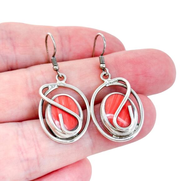 Vintage Mexico Sterling Silver 925 Spiny Red Oyster Swirl Dangle Earrings - Picture 1 of 7